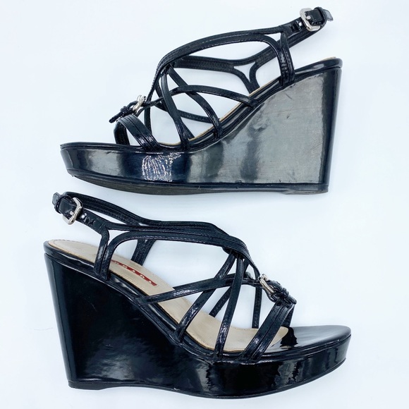 Vintage Prada 36.5/ 6.5 Black Patent Leather Strappy Wedge  Sandal Y2K 2000s - Picture 1 of 10